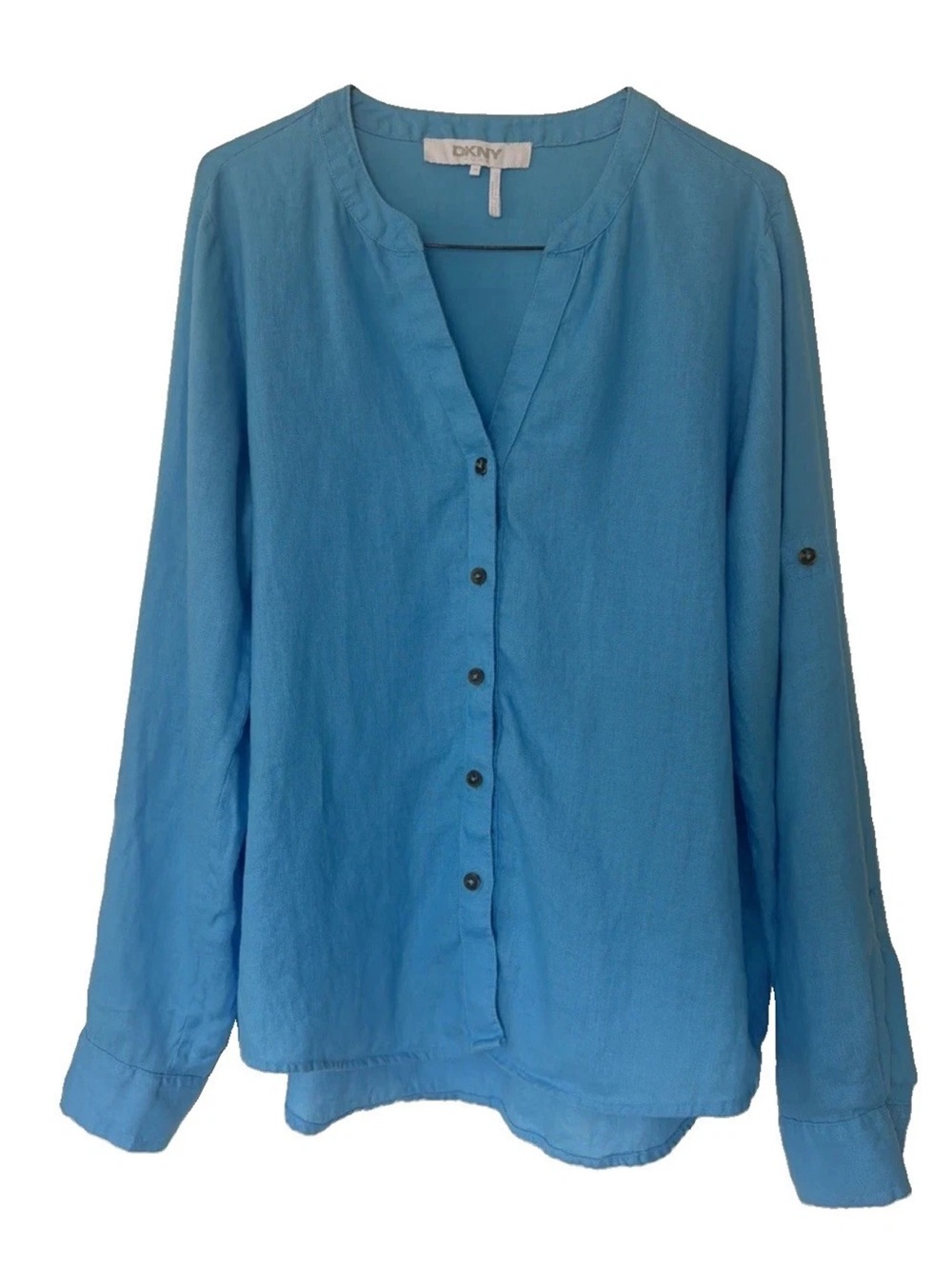 DKNY PURE 100% Linen Button Down Shirt Tunic Women's Size Medium Blue
